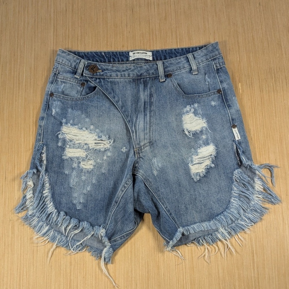 One Teaspoon Frankies Blue Denim Shorts Distressed Frayed Hem Festival Low Waist